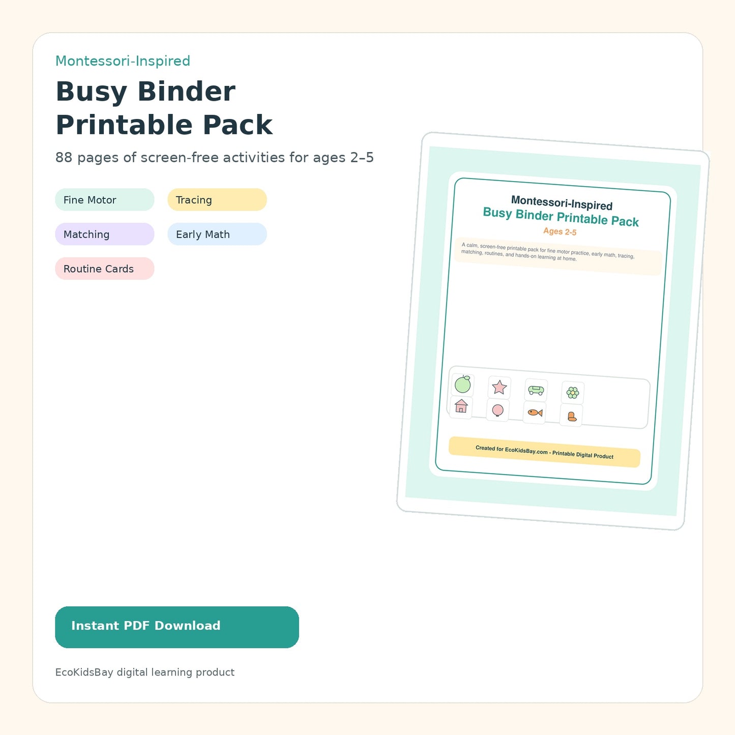 Montessori Busy Binder printable pack for ages 2 to 5 digital download