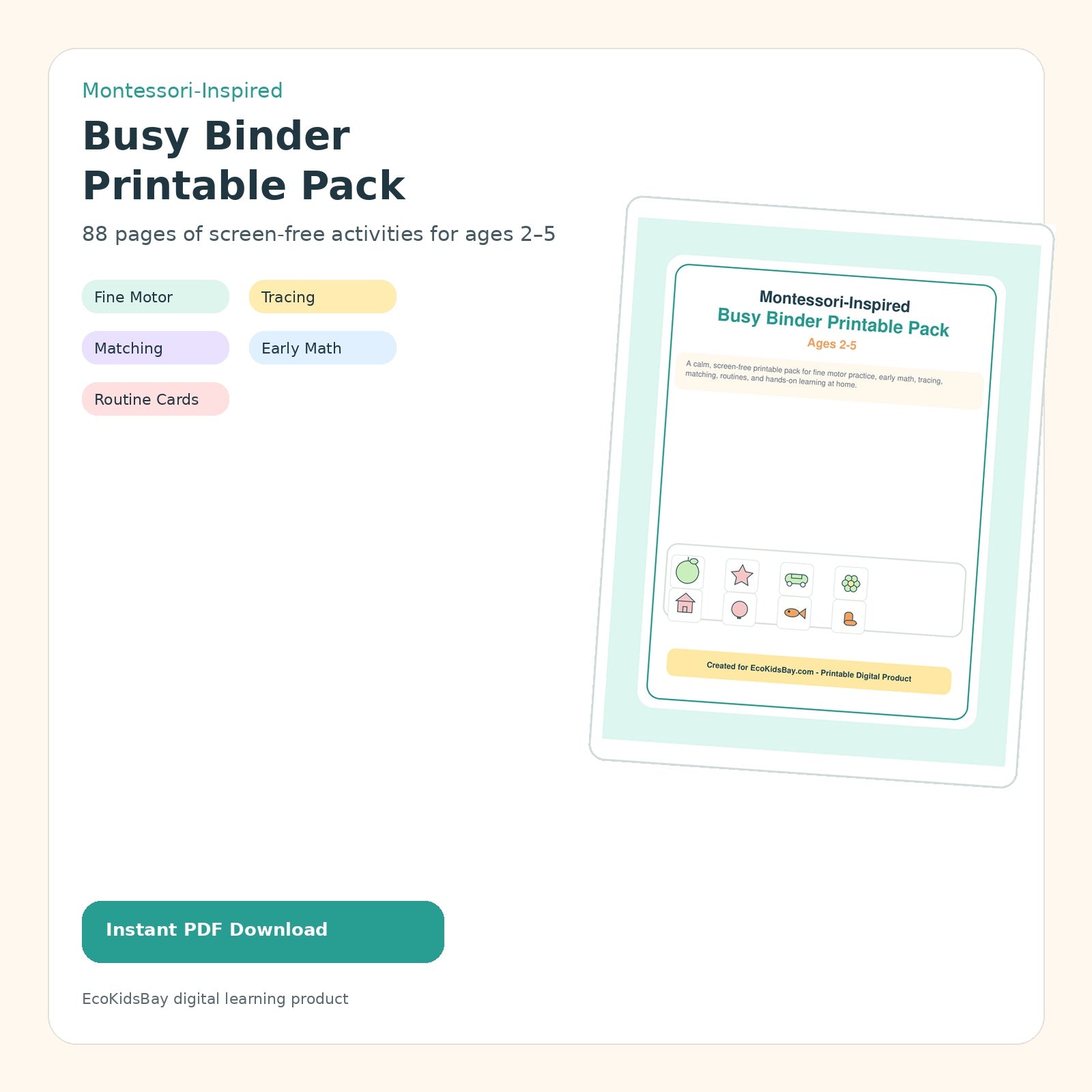 Montessori Busy Binder printable pack for ages 2 to 5 digital download