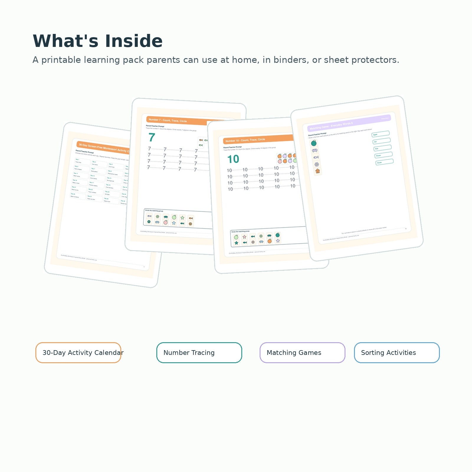 What's inside Montessori busy binder printable pages preview