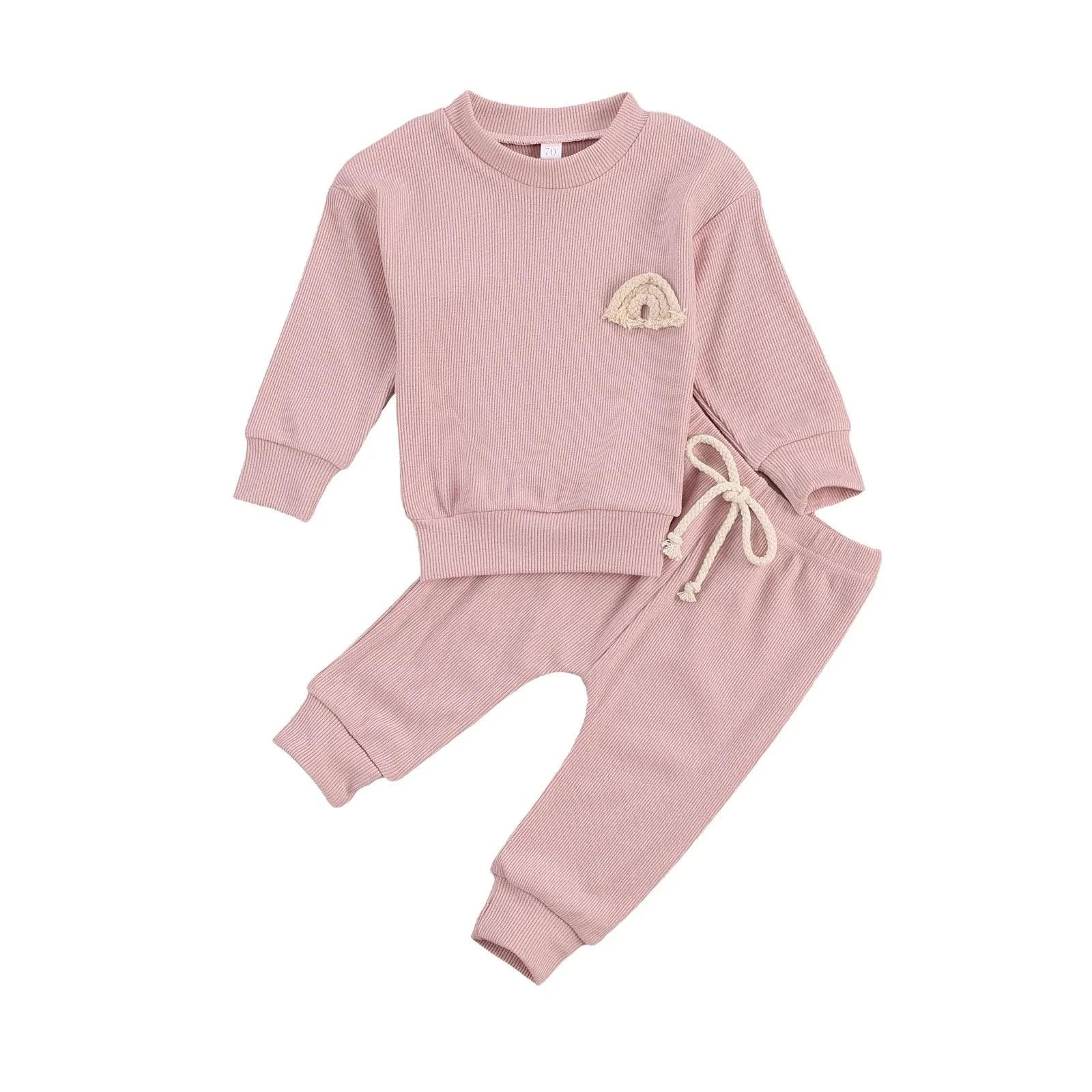 Toddler Baby Clothes Set - Soft Cotton Rainbow Embroidery Top and Pants - Home Kartz