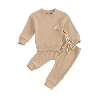 Toddler Baby Clothes Set - Soft Cotton Rainbow Embroidery Top and Pants - Home Kartz