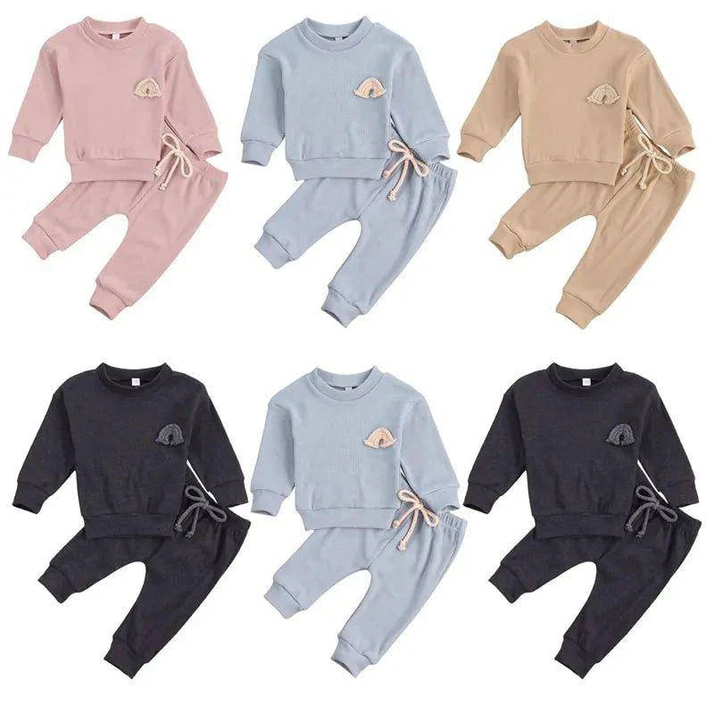 Toddler Baby Clothes Set - Soft Cotton Rainbow Embroidery Top and Pants - Home Kartz