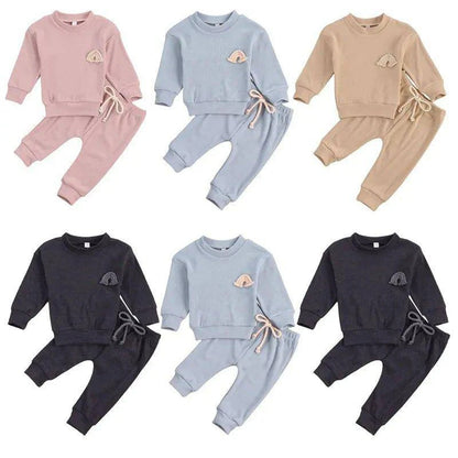 Toddler Baby Clothes Set - Soft Cotton Rainbow Embroidery Top and Pants - Home Kartz