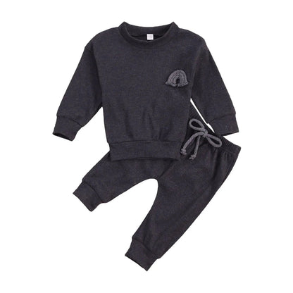 Toddler Baby Clothes Set - Soft Cotton Rainbow Embroidery Top and Pants - Home Kartz