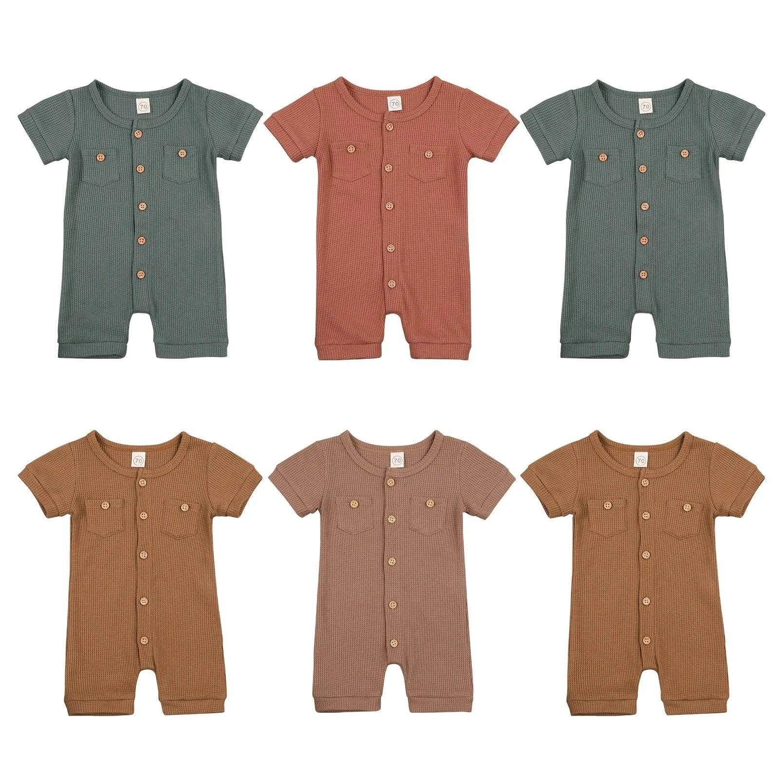 Solid Color Short Sleeve Round Neck Button Baby Playsuit - Ultimate Comfort and Style - Home Kartz
