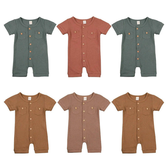 Solid Color Short Sleeve Round Neck Button Baby Playsuit - Ultimate Comfort and Style - Home Kartz
