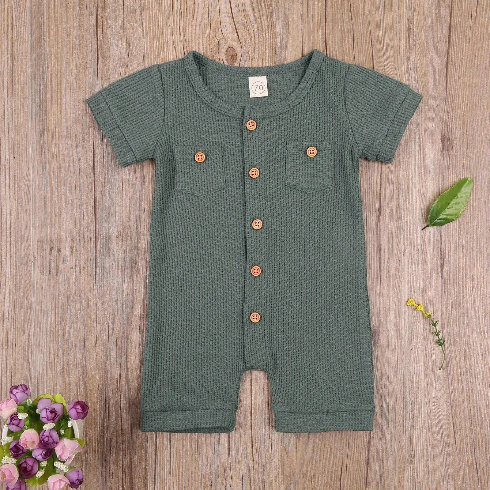 Solid Color Short Sleeve Round Neck Button Baby Playsuit - Ultimate Comfort and Style - Home Kartz
