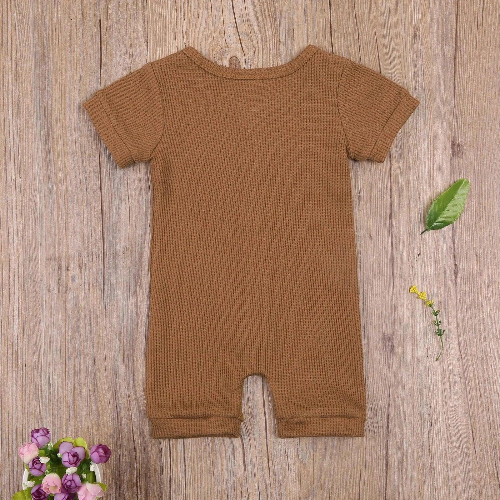 Solid Color Short Sleeve Round Neck Button Baby Playsuit - Ultimate Comfort and Style - Home Kartz