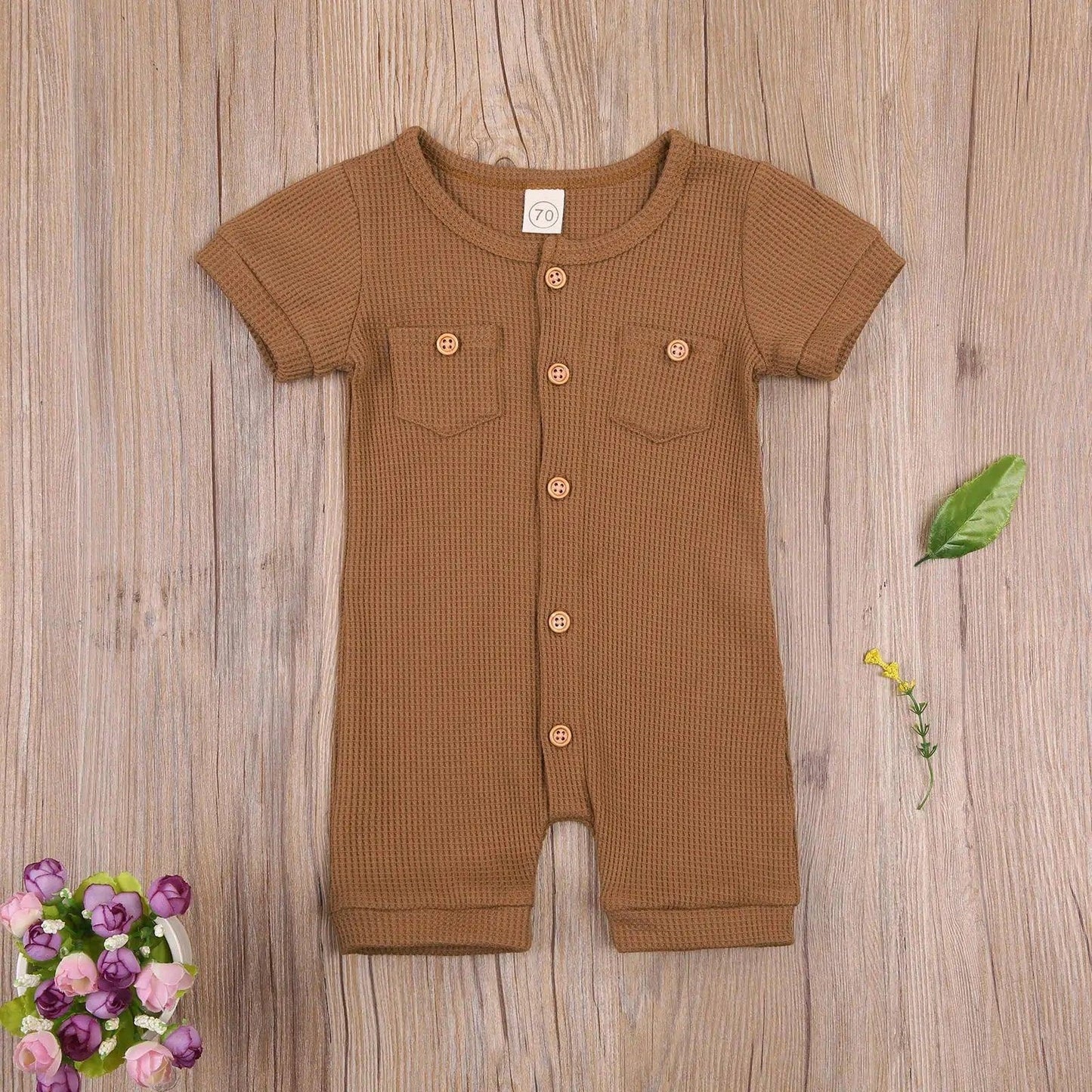Solid Color Short Sleeve Round Neck Button Baby Playsuit - Ultimate Comfort and Style - Home Kartz