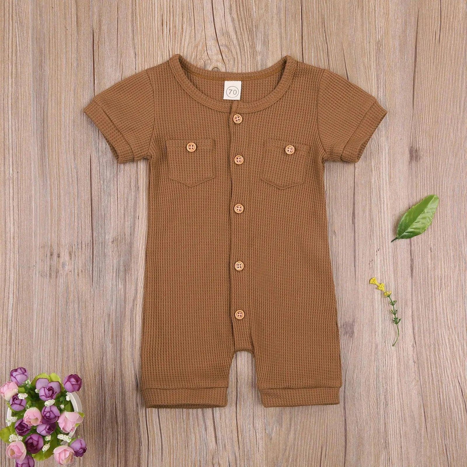 Solid Color Short Sleeve Round Neck Button Baby Playsuit - Ultimate Comfort and Style - Home Kartz