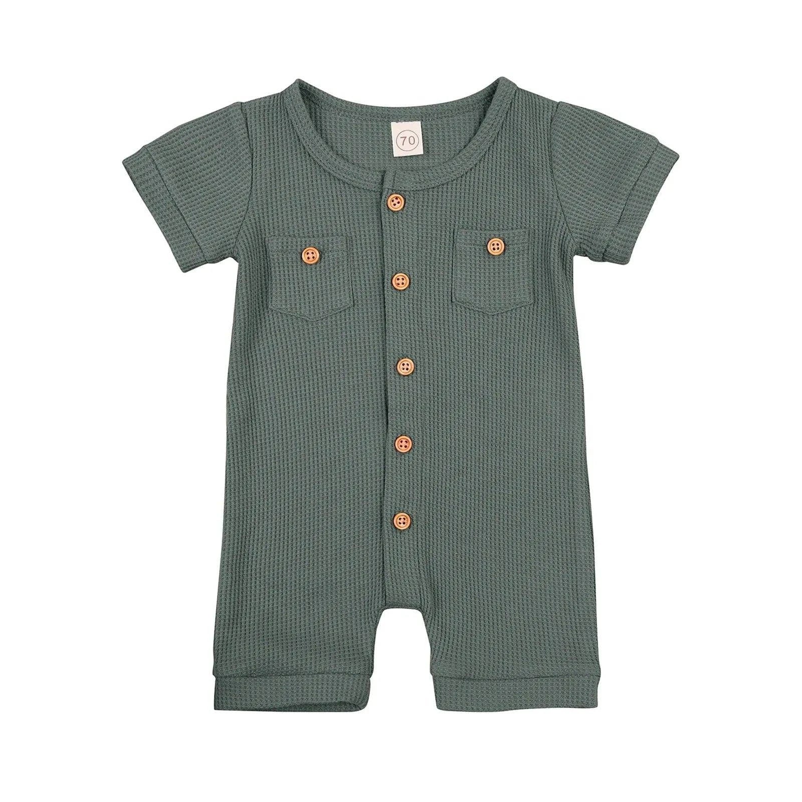 Solid Color Short Sleeve Round Neck Button Baby Playsuit - Ultimate Comfort and Style - Home Kartz