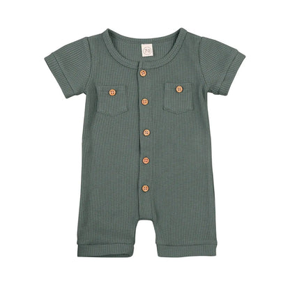 Solid Color Short Sleeve Round Neck Button Baby Playsuit - Ultimate Comfort and Style - Home Kartz