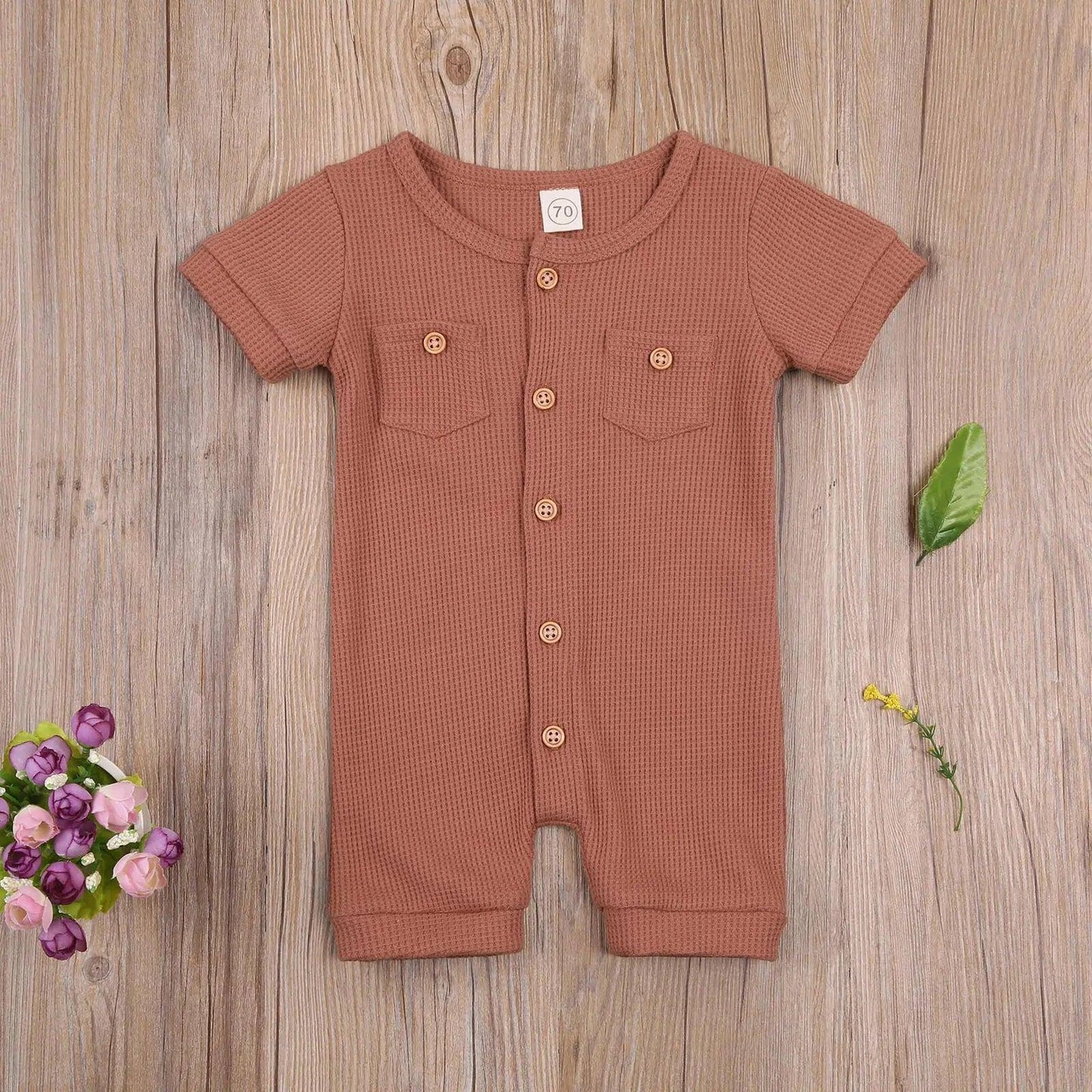 Solid Color Short Sleeve Round Neck Button Baby Playsuit - Ultimate Comfort and Style - Home Kartz