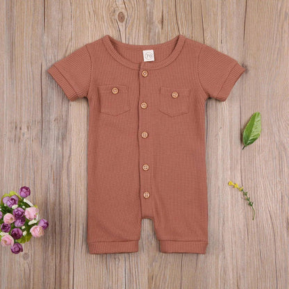 Solid Color Short Sleeve Round Neck Button Baby Playsuit - Ultimate Comfort and Style - Home Kartz