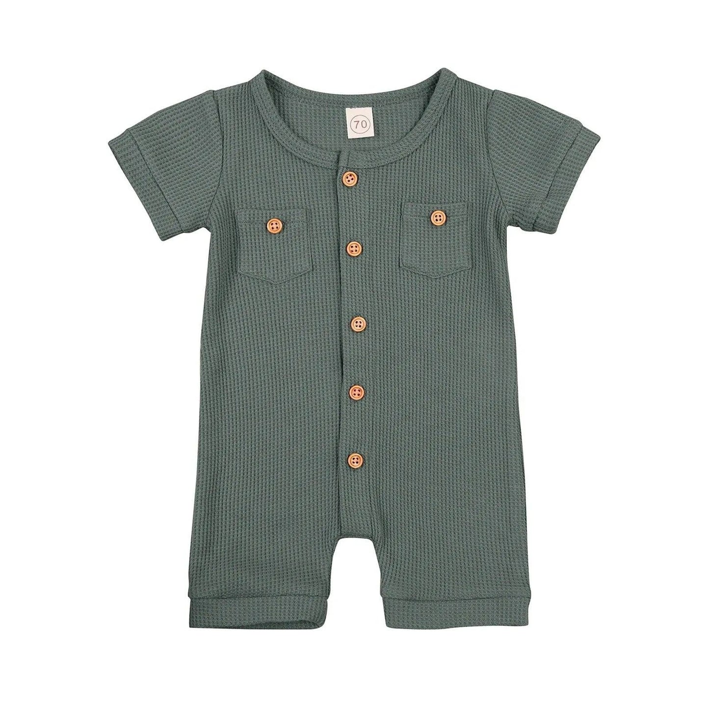 Solid Color Short Sleeve Round Neck Button Baby Playsuit - Ultimate Comfort and Style - Home Kartz