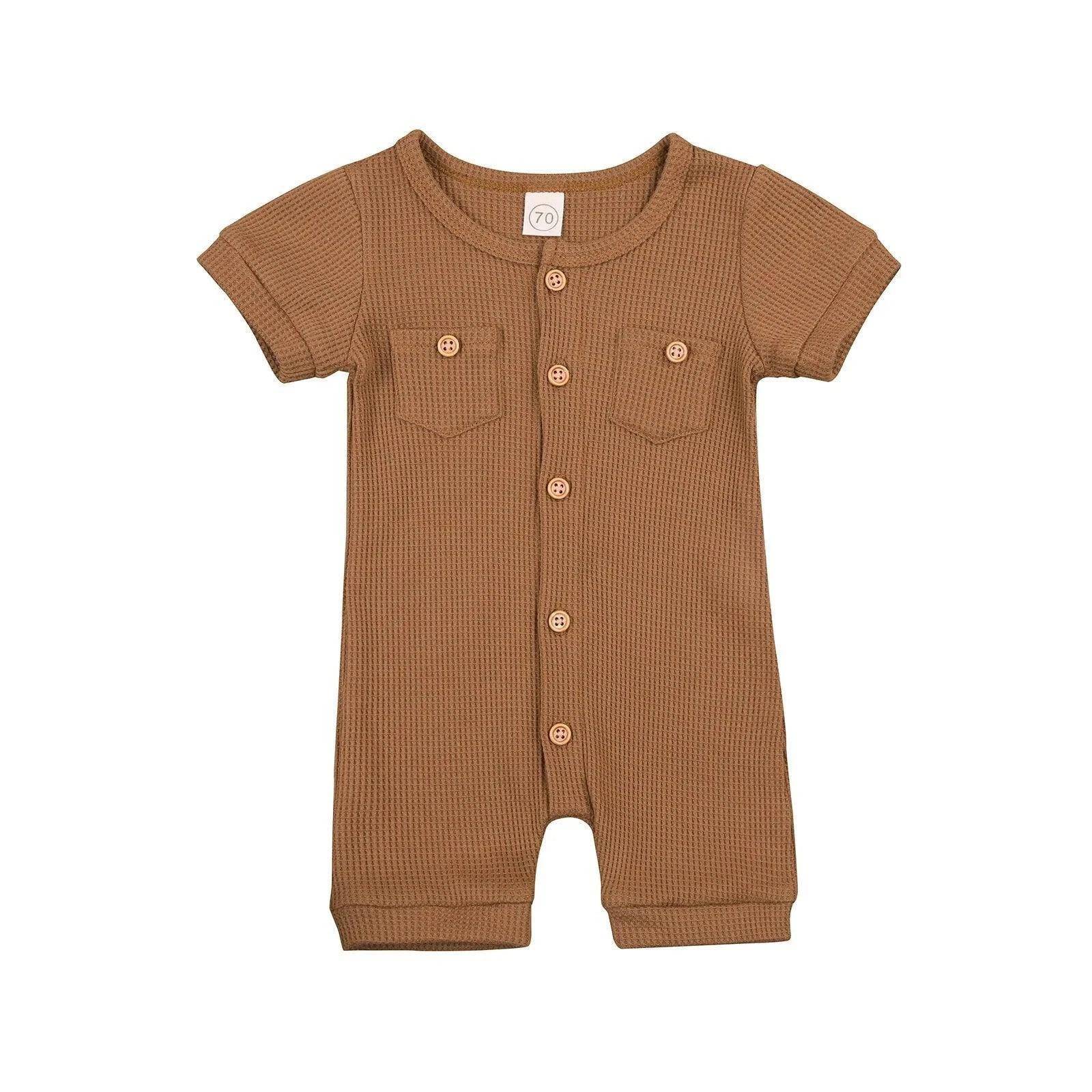 Solid Color Short Sleeve Round Neck Button Baby Playsuit - Ultimate Comfort and Style - Home Kartz