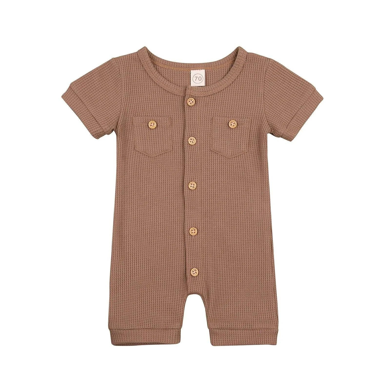 Solid Color Short Sleeve Round Neck Button Baby Playsuit - Ultimate Comfort and Style - Home Kartz