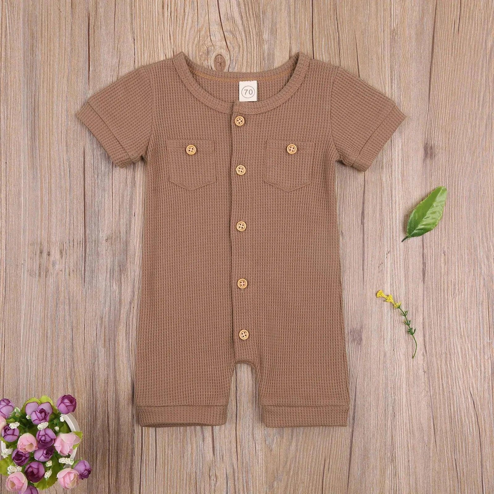 Solid Color Short Sleeve Round Neck Button Baby Playsuit - Ultimate Comfort and Style - Home Kartz
