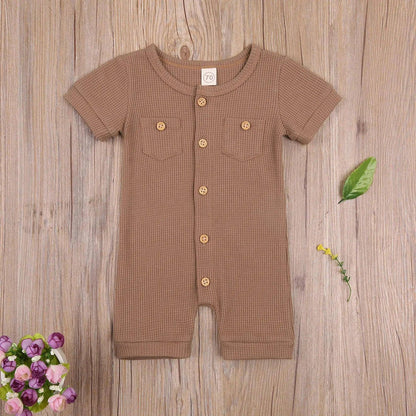 Solid Color Short Sleeve Round Neck Button Baby Playsuit - Ultimate Comfort and Style - Home Kartz