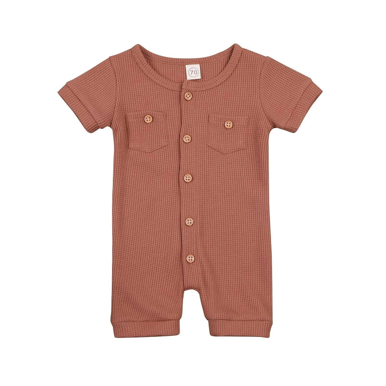 Solid Color Short Sleeve Round Neck Button Baby Playsuit - Ultimate Comfort and Style - Home Kartz