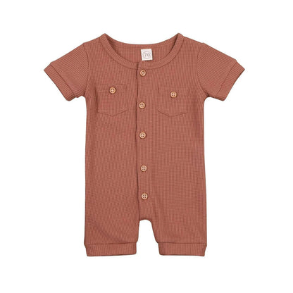 Solid Color Short Sleeve Round Neck Button Baby Playsuit - Ultimate Comfort and Style - Home Kartz