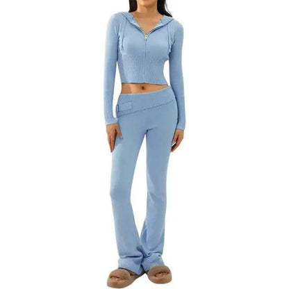 Spring Knitted Women's Two Piece Set | Stylish Cropped Hoodie & High-Waisted Pants - Home Kartz