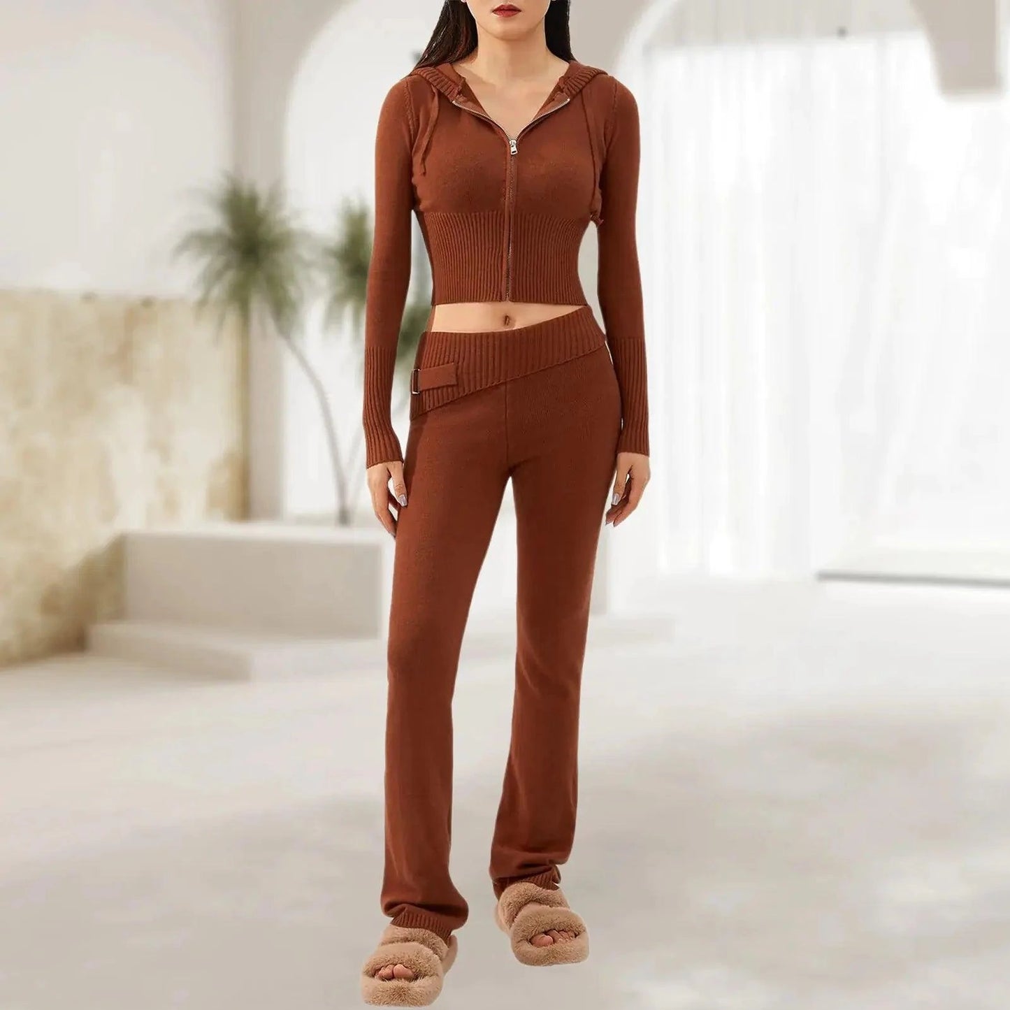 Spring Knitted Women's Two Piece Set | Stylish Cropped Hoodie & High-Waisted Pants - Home Kartz