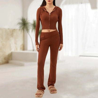 Spring Knitted Women's Two Piece Set | Stylish Cropped Hoodie & High-Waisted Pants - Home Kartz