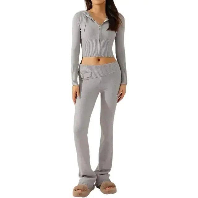 Spring Knitted Women's Two Piece Set | Stylish Cropped Hoodie & High-Waisted Pants - Home Kartz
