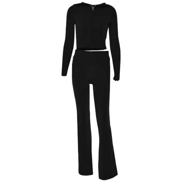 Spring Knitted Women's Two Piece Set | Stylish Cropped Hoodie & High-Waisted Pants - Home Kartz