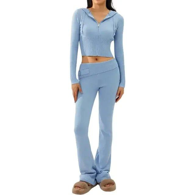 Spring Knitted Women's Two Piece Set | Stylish Cropped Hoodie & High-Waisted Pants - Home Kartz
