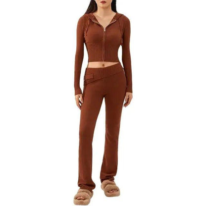Spring Knitted Women's Two Piece Set | Stylish Cropped Hoodie & High-Waisted Pants - Home Kartz