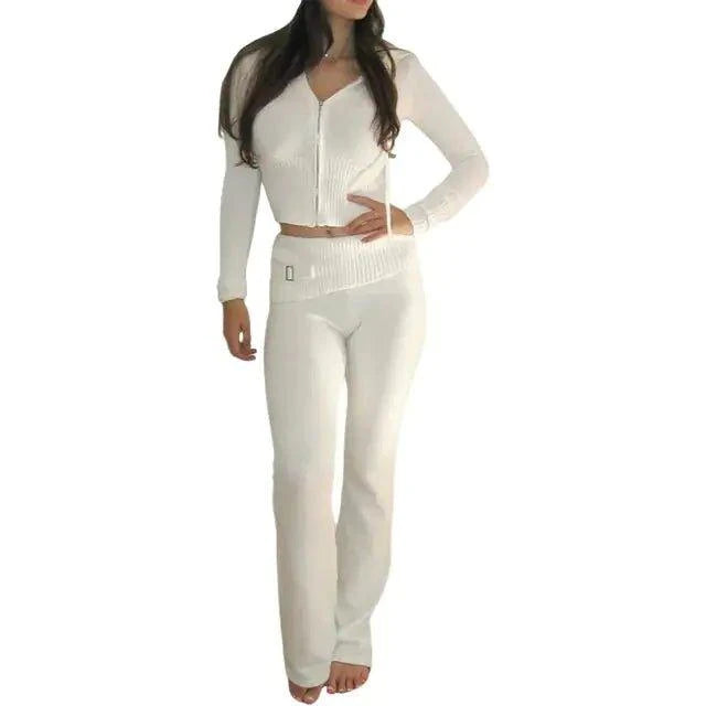 Spring Knitted Women's Two Piece Set | Stylish Cropped Hoodie & High-Waisted Pants - Home Kartz