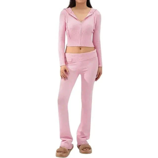 Spring Knitted Women's Two Piece Set | Stylish Cropped Hoodie & High-Waisted Pants - Home Kartz