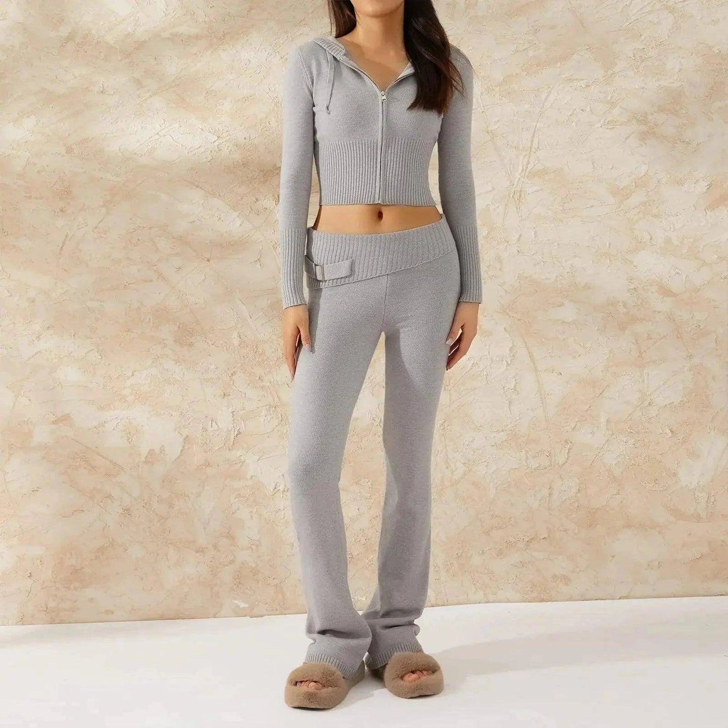 Spring Knitted Women's Two Piece Set | Stylish Cropped Hoodie & High-Waisted Pants - Home Kartz