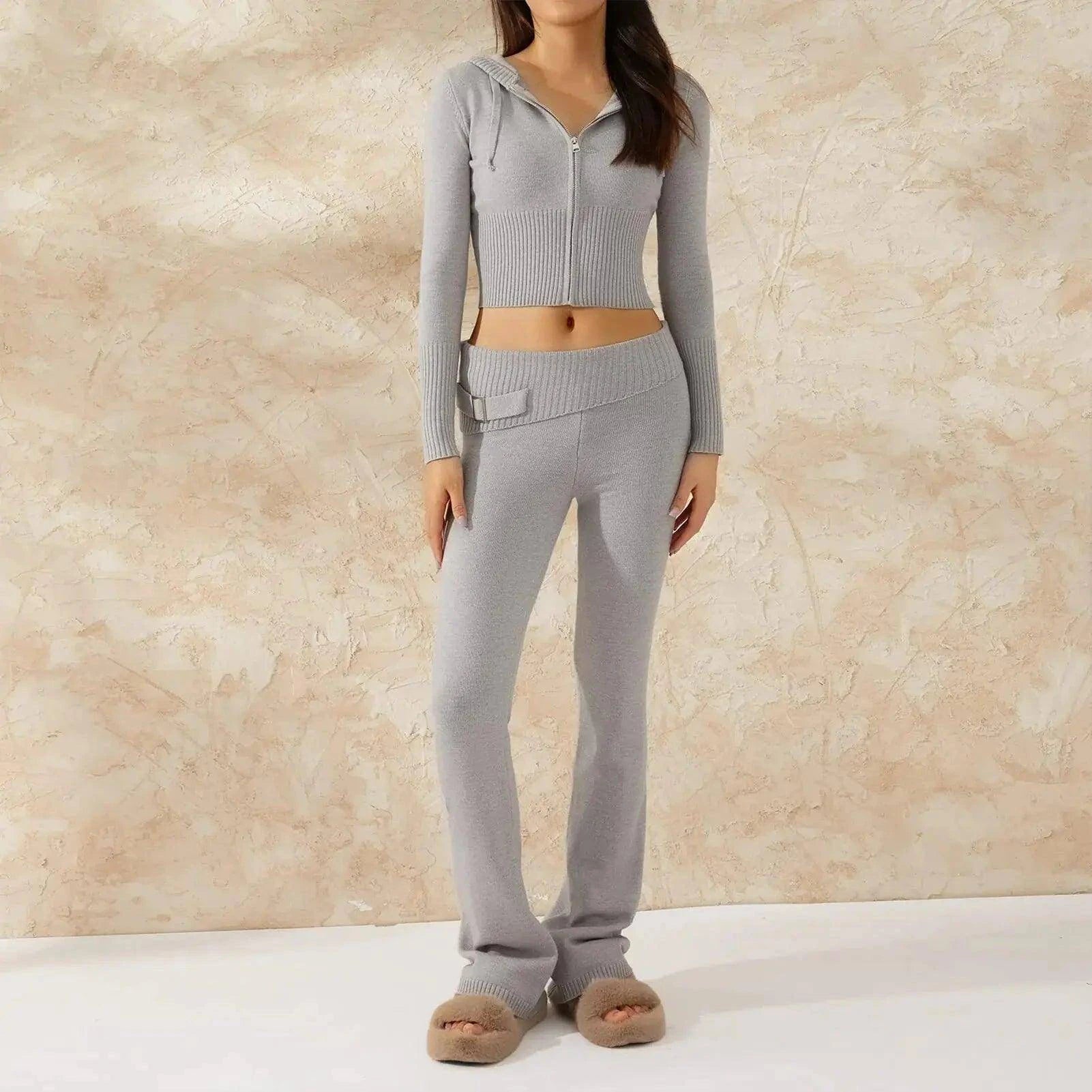 Spring Knitted Women's Two Piece Set | Stylish Cropped Hoodie & High-Waisted Pants - Home Kartz