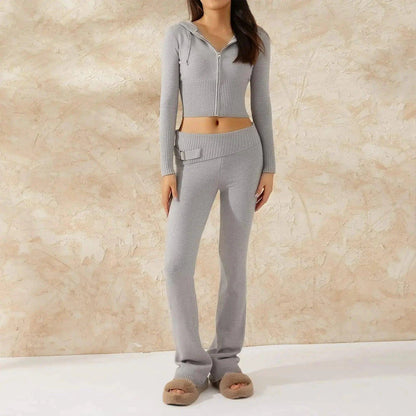 Spring Knitted Women's Two Piece Set | Stylish Cropped Hoodie & High-Waisted Pants - Home Kartz