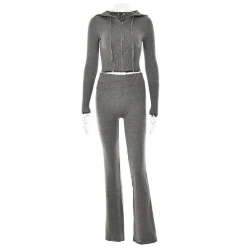 Spring Knitted Women's Two Piece Set | Stylish Cropped Hoodie & High-Waisted Pants - Home Kartz