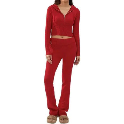 Spring Knitted Women's Two Piece Set | Stylish Cropped Hoodie & High-Waisted Pants - Home Kartz
