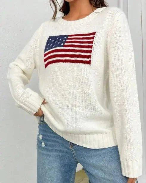 Stand Out in Style with Our Women's Loose Round Neck Flag Sweater - Home Kartz