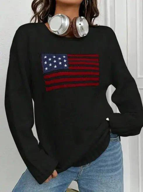 Stand Out in Style with Our Women's Loose Round Neck Flag Sweater - Home Kartz