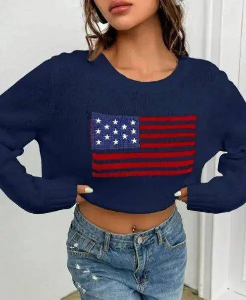 Stand Out in Style with Our Women's Loose Round Neck Flag Sweater - Home Kartz