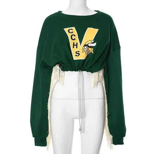 Stay Cozy and Stylish with Our Fringe Varsity Vibe Sweatshirt – On-Trend Casual Wear - Home Kartz