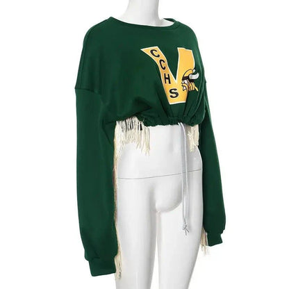 Stay Cozy and Stylish with Our Fringe Varsity Vibe Sweatshirt – On-Trend Casual Wear - Home Kartz