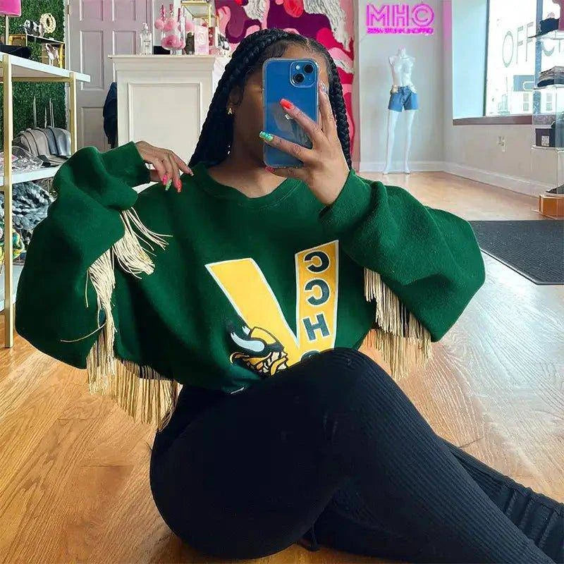 Stay Cozy and Stylish with Our Fringe Varsity Vibe Sweatshirt – On-Trend Casual Wear - Home Kartz