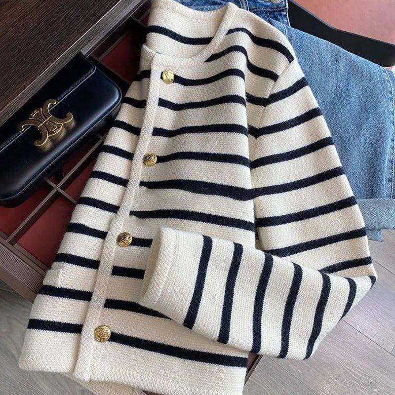 Stay Cozy and Stylish with Our Striped Knitted Sweater Cardigan - Home Kartz
