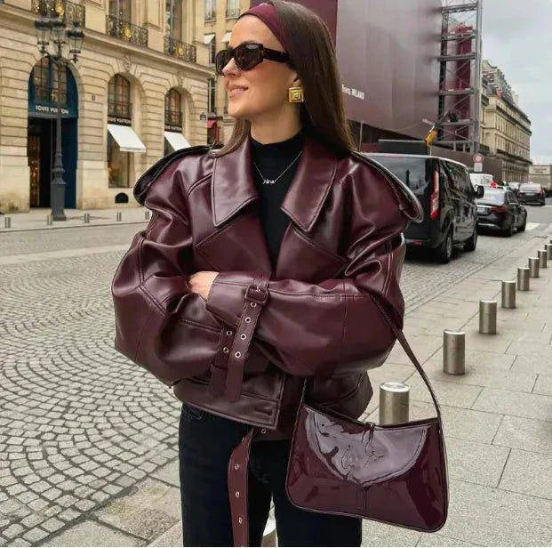 Urban Chic Adjustable Leather Jacket - Elegant Wine Red, Slim Fit for All Seasons - Home Kartz