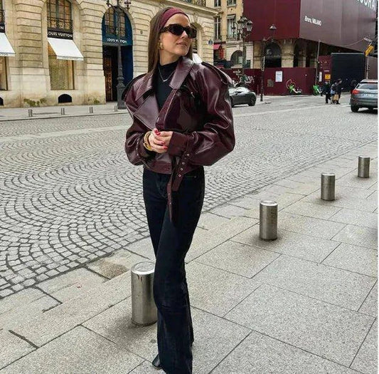 Urban Chic Adjustable Leather Jacket - Elegant Wine Red, Slim Fit for All Seasons - Home Kartz