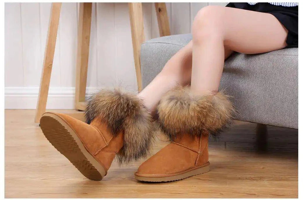 Step into Winter Elegance with Women's Fox Fur Snow Boots - Home Kartz