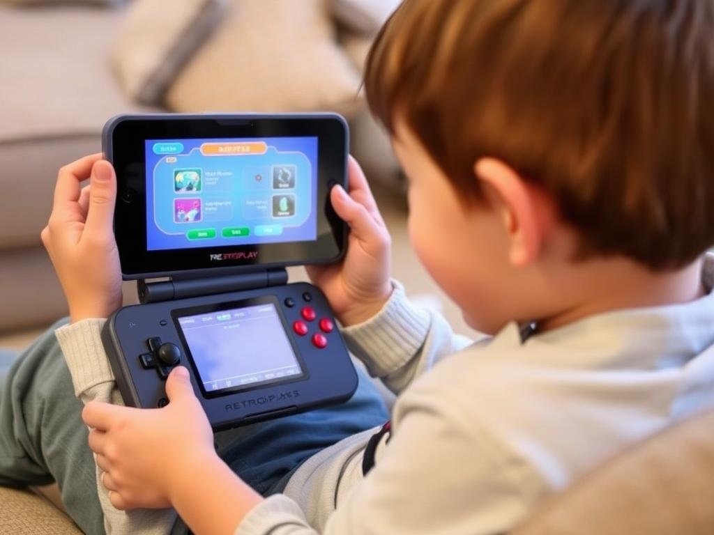 Child easily using the RetroPlay handheld with simple controls and interface Child easily using the RetroPlay handheld with simple controls and interface